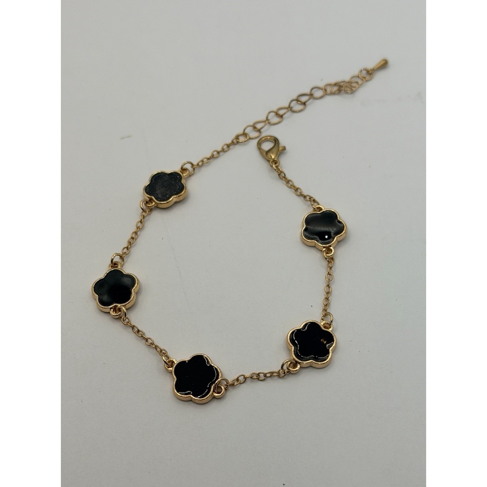 Gold-Tone Black Enamel Clover Station Cable Chain Bracelet 8 In W/ 2" Adjustment